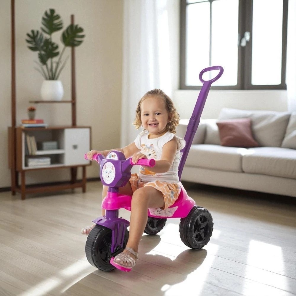 Carrinho Andador Passeio Infantil Motinha Rosa Gatinha Brinquedo Menina Buzina