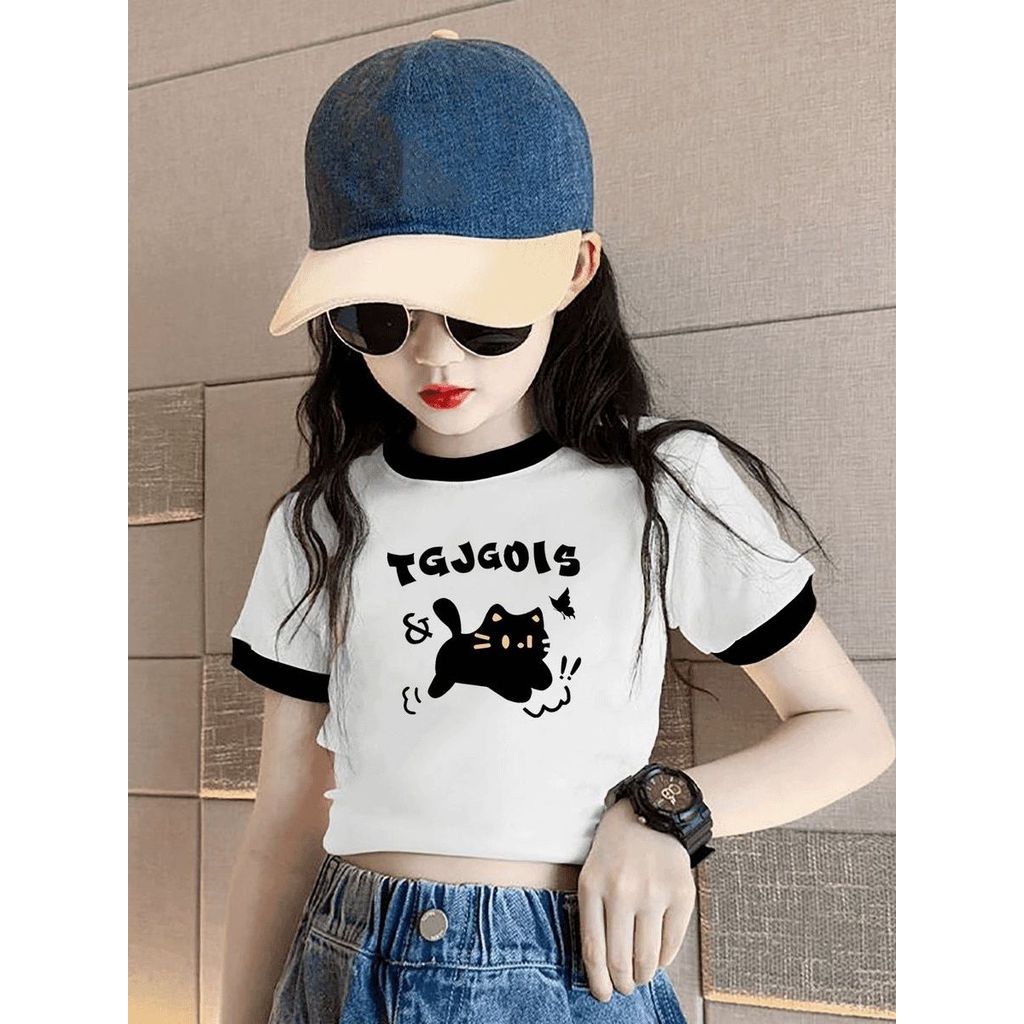 Meninas camiseta curta 2026 verão novo estilo médio grande crianças versão coreana fino ajuste impresso contraste cor in