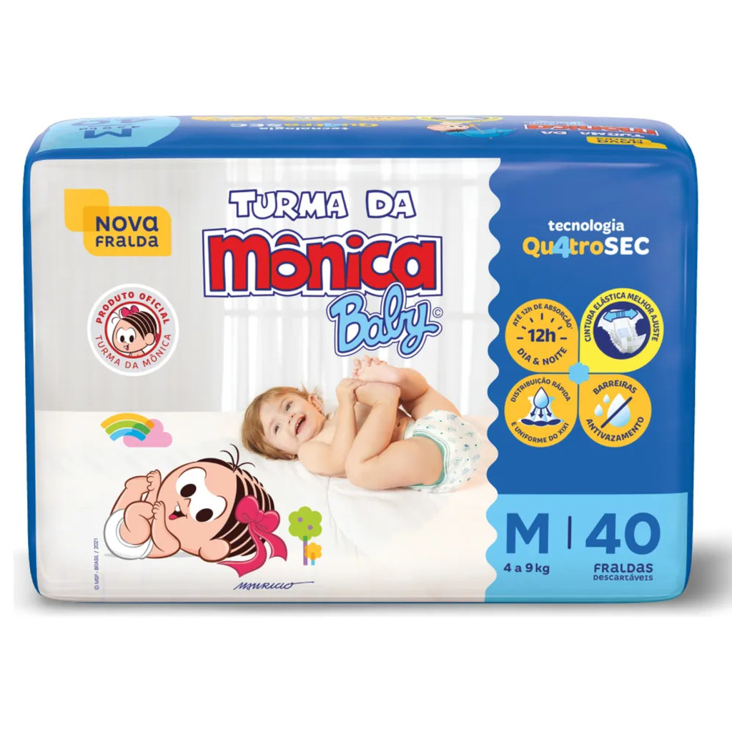 Fralda Descartável Baby Turma da Mônica | Tamanho M | 40 Unidades | 4 a 9kg | Super Conforto