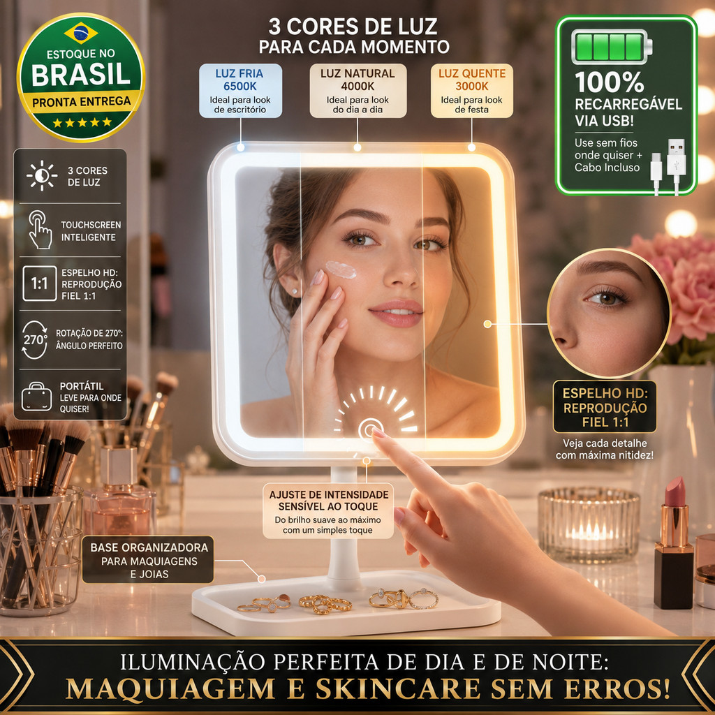 Espelho De Maquiagem Mesa LED 3 Cores Recarregavel Touch Luzes Ajustaveis Portatil USB HD Retangular Redondo Branco
