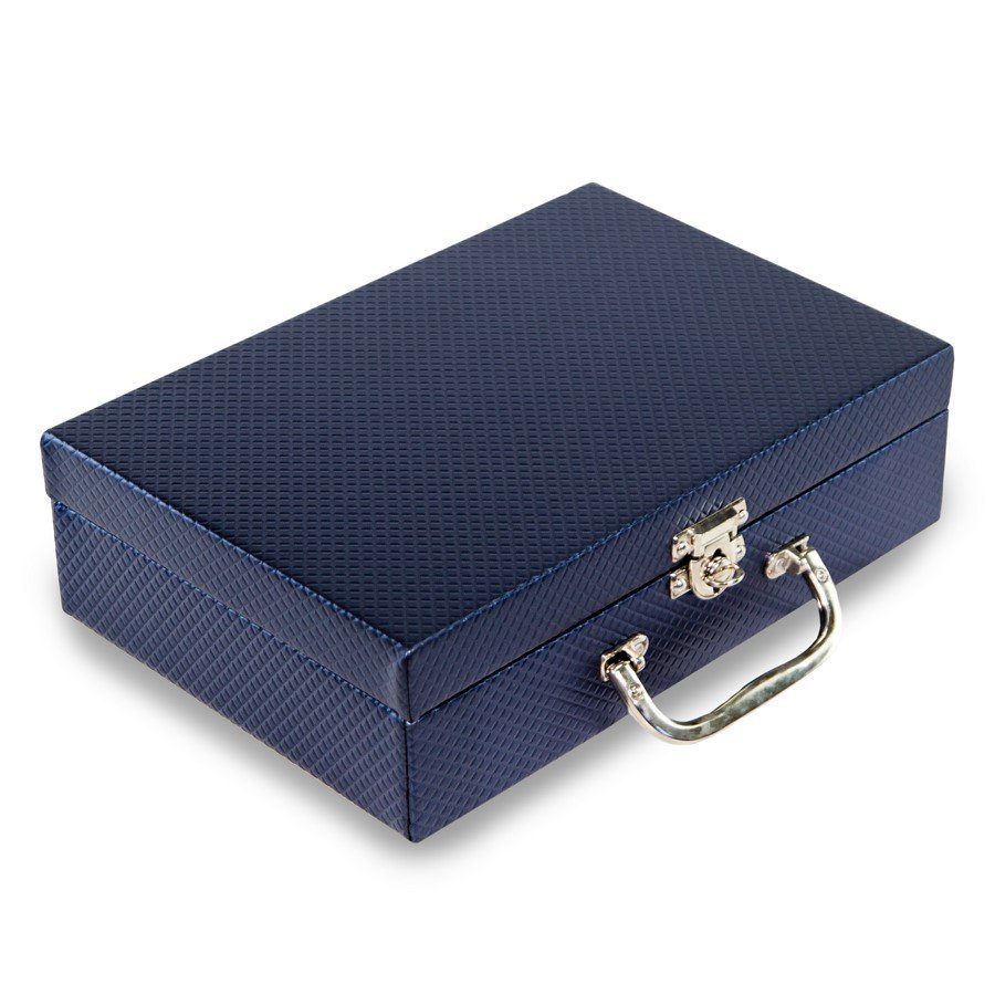 Maleta Expositora com Placa para Joias - 20x29x8,5 cm.    Rodes Azul Marinho Metalizado - Dunny Preto