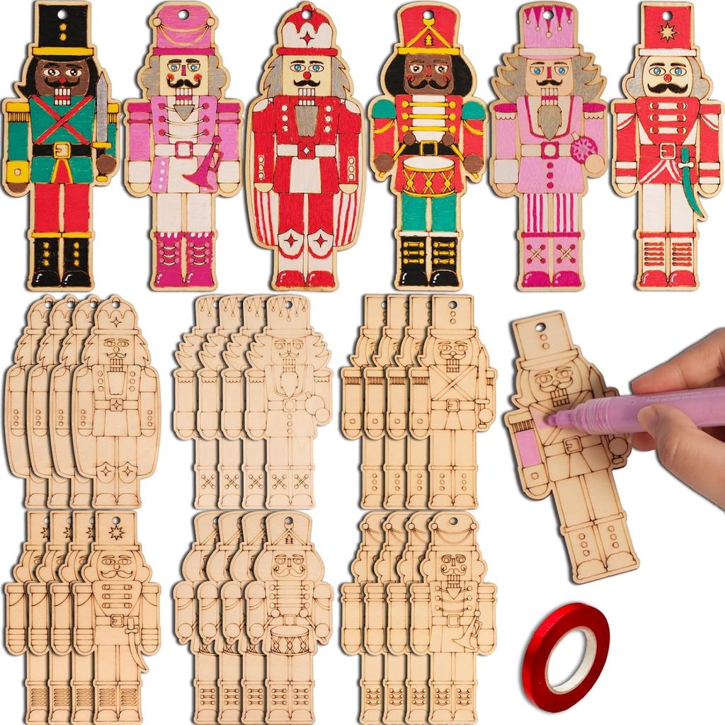 24 Pieces DIY Christmas Nutcracker Ornaments Unfinished Wooden Hanging Walnut Soldier Decoration Blank Xmas Crafts for C