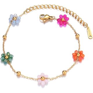 Pulseira de Flor Margarida para Mulheres, Banhada a Ouro 18K, Aço Inoxidável, Flores Coloridas, Pulseiras de Corrente, J