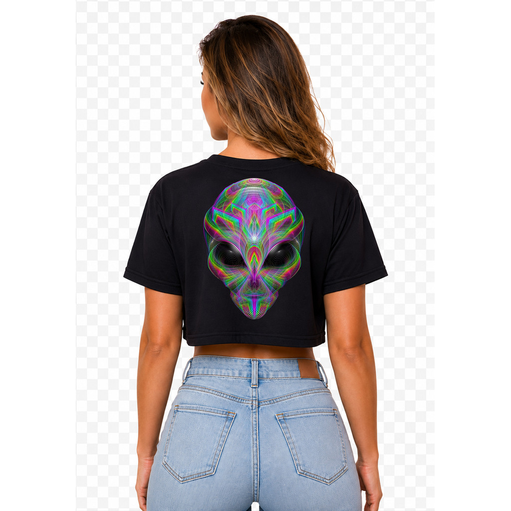 Cropped Alien Holograma Personalizado Rave Psicodélico 100% Algodão Premium Camisa StreetWear Camiseta Oversized