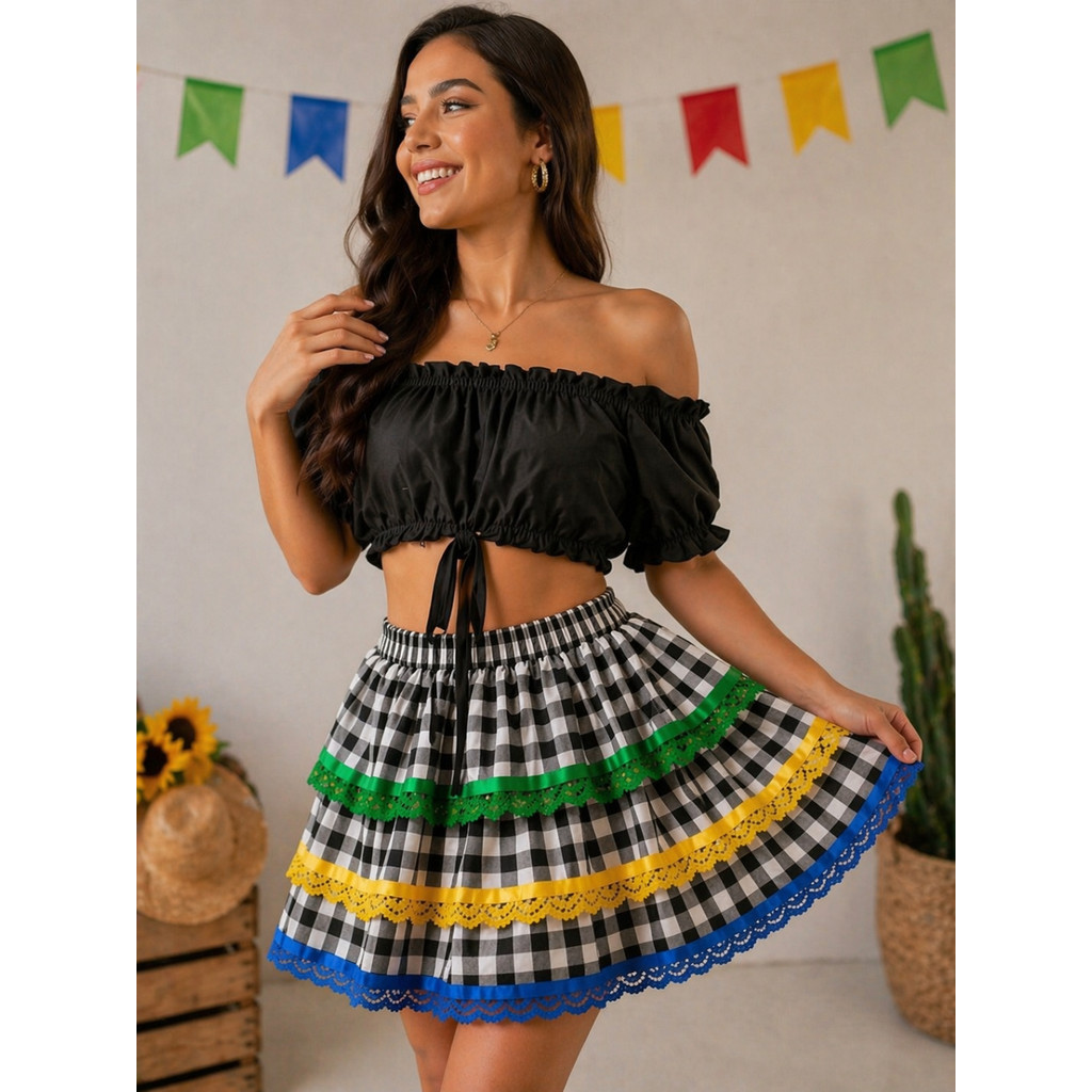 Saia Adulto Festa Junina Caipira Tendência 2026 Copa do Mundo Tema Brasil