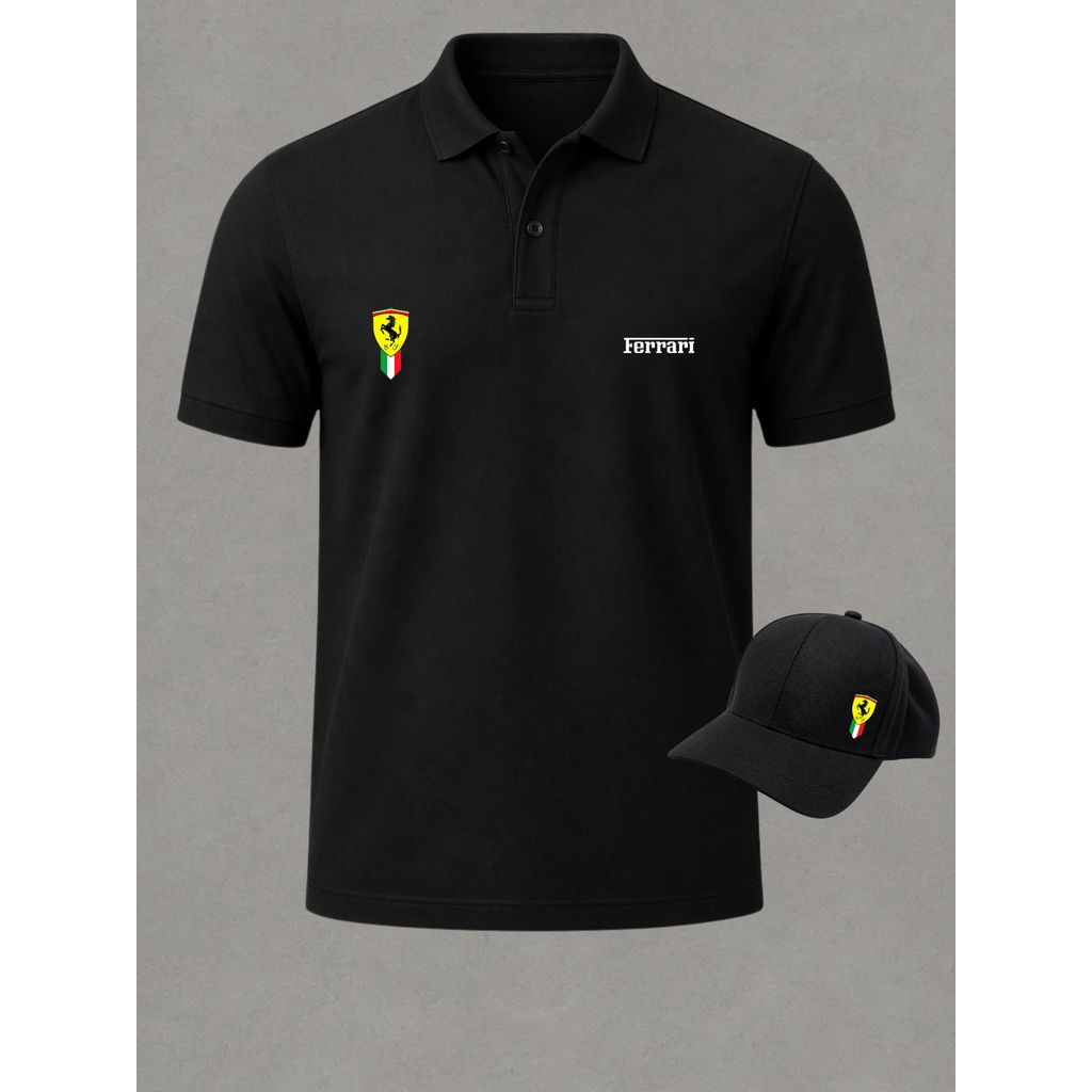 Camiseta Gola Polo Masculina Scuderia Ferrari Estilo Casual Esportivo + Boné