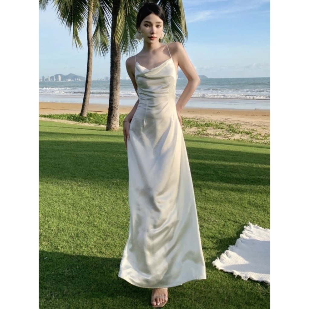 2025 Hip Wrap Sling damasco novo estilo ácido vinagre nicho textura alta fixa Sexy sem costas vestido de festa à beira-m