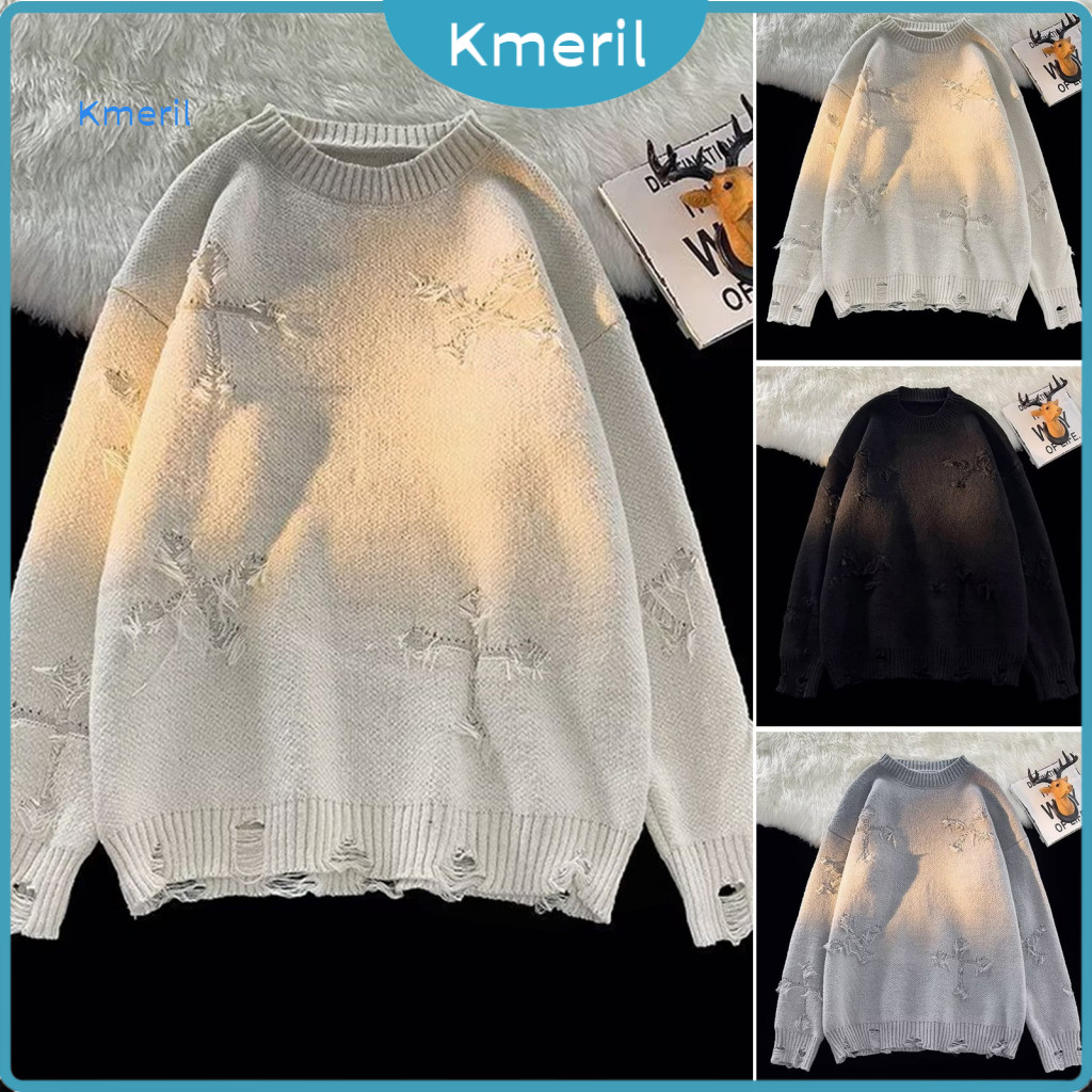 Men Solid Color Sweater Knit Top Men's Autumn Winter Retro Ripped Tassel Pullover Loose Fit Long Sleeve O-neck Cross Pat