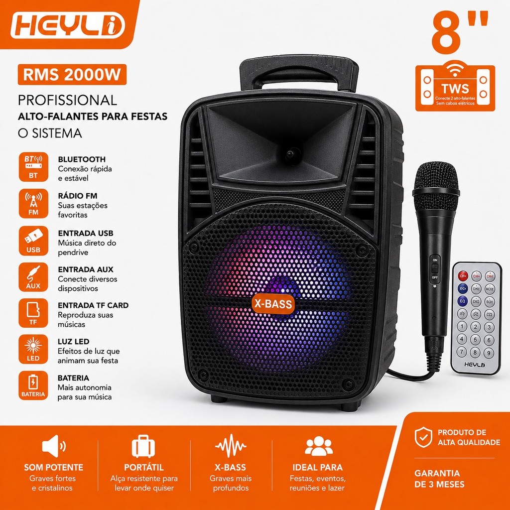 Caixa de Som Bluetooth Portátil 8 Polegadas 2000W RMS TWS USB FM Com Microfone Controle Remoto
