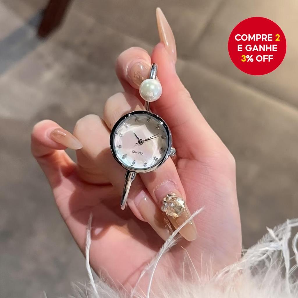Pulseira de pérolas elegante com relógio de pulso feminino de quartzo, moda mostrador de diamante relógio para