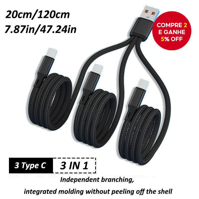Cabo USB-A Para 3 Tipos Tipo C 3 Em 1-Carregamento Rápido E Dados Samsung S24 , Xiaomi