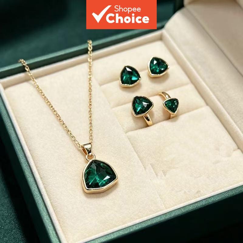 Conjunto de joias da moda para mulheres, colar de zircônia esmeralda em triângulo dourado, brincos e anel, acessórios de