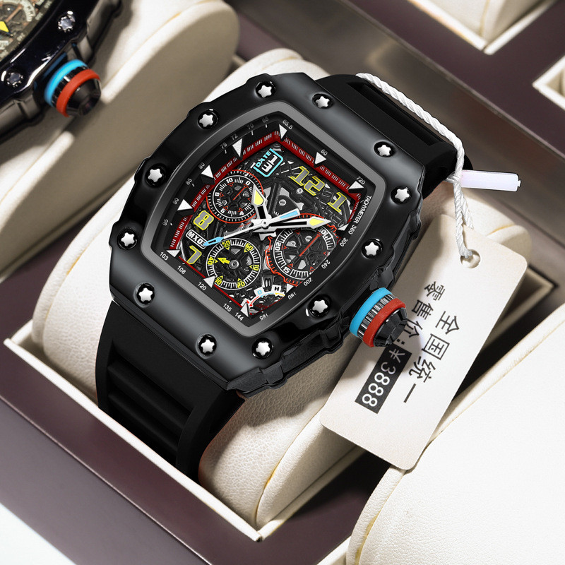 [Contador genuíno] Richard Miller Barrel Shape Estilo Mecânico Automático Oco Relógio Masculino Calendário Luminoso