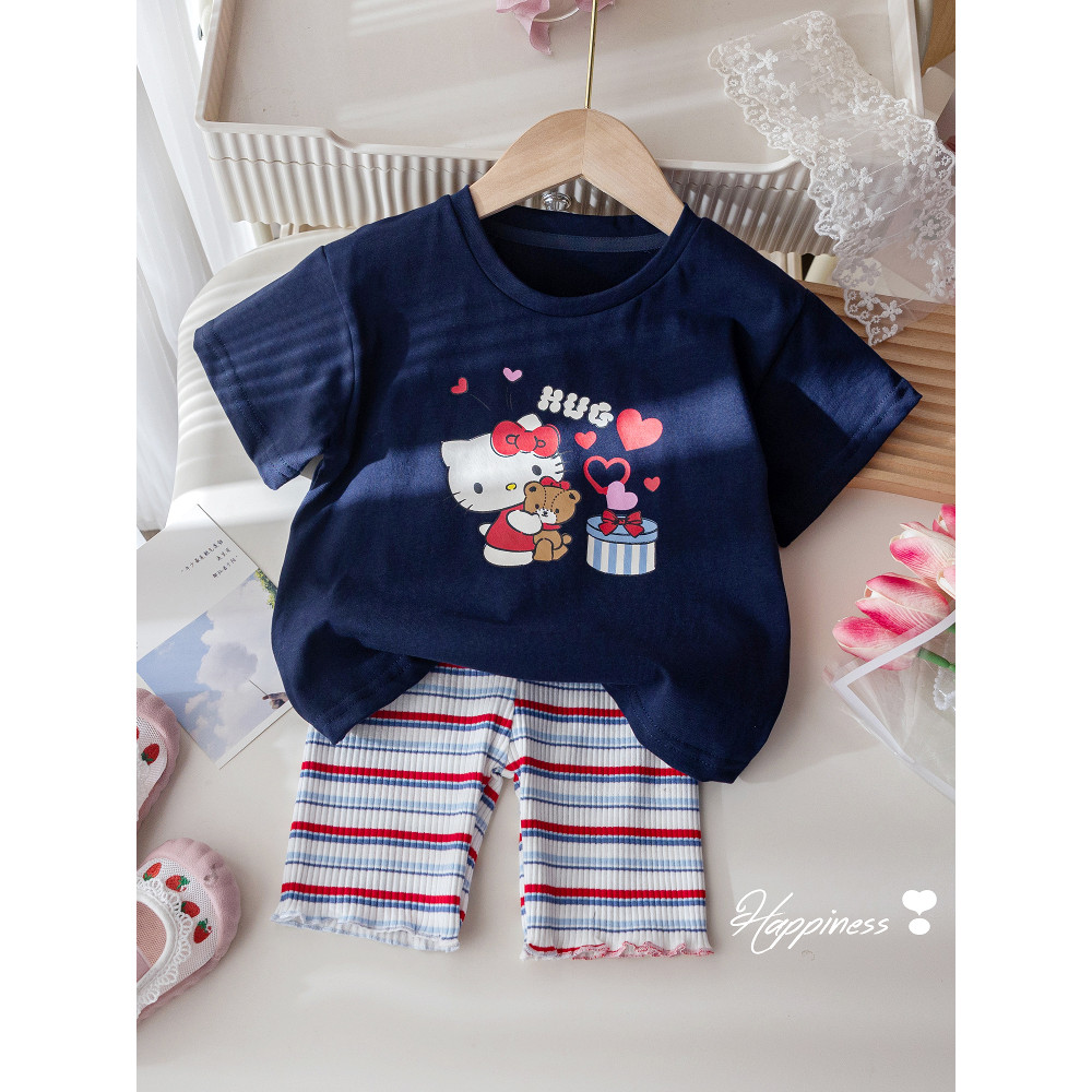 Verão menina camiseta 2026 bebê menina dos desenhos animados amor manga curta topo crianças bonito listrado Leggings ter
