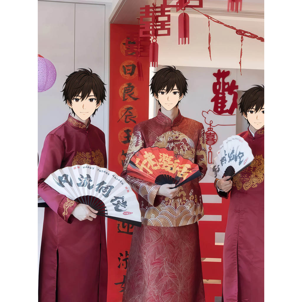 Feliz laranja chinês padrinhos roupas masculinas novo estilo irmãos grupo roupas estilo chinês roupas de casamento Tang