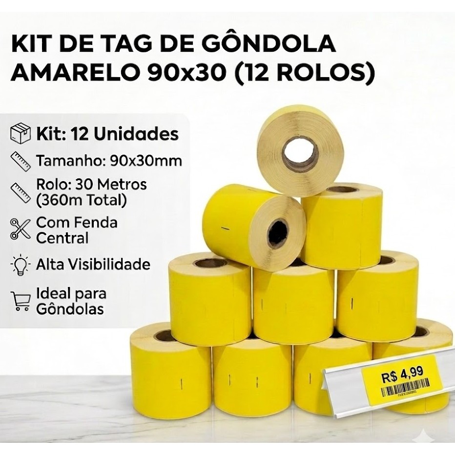 Kit 12 Tag de Gôndola Amarelo 90x30x30mts