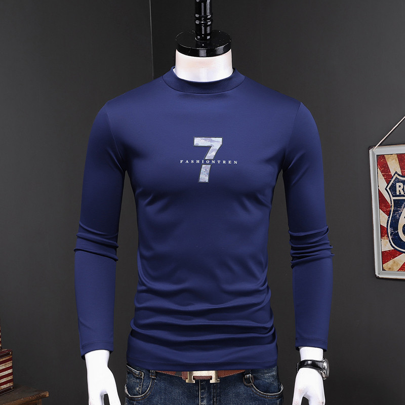 Outono inverno topo masculino fino-ajuste pequena gola alta de manga comprida duplo mercerizado algodão carta número imp