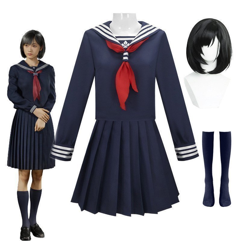 Fantasia de Cosplay Hinako Shimizu, Peruca, Máscara Vermelha, Uniforme Escolar Azul Marinho com Sangue para Jogo de Role