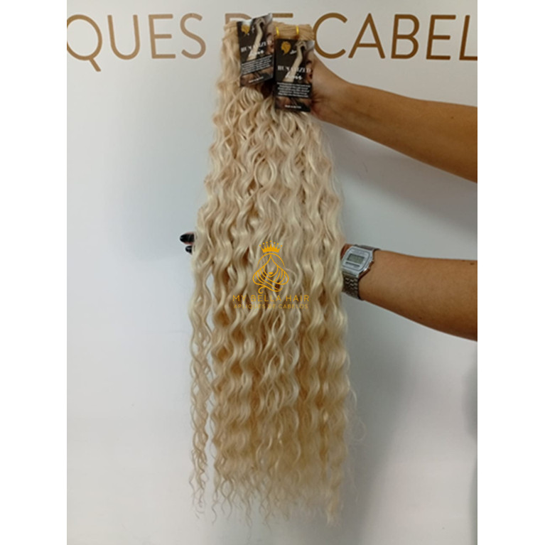 Aplique Cabelo 100% Semi Humano Na Tela Cacheado Loiro Claríssimo 613 50cm igual Brasileiro do Sul