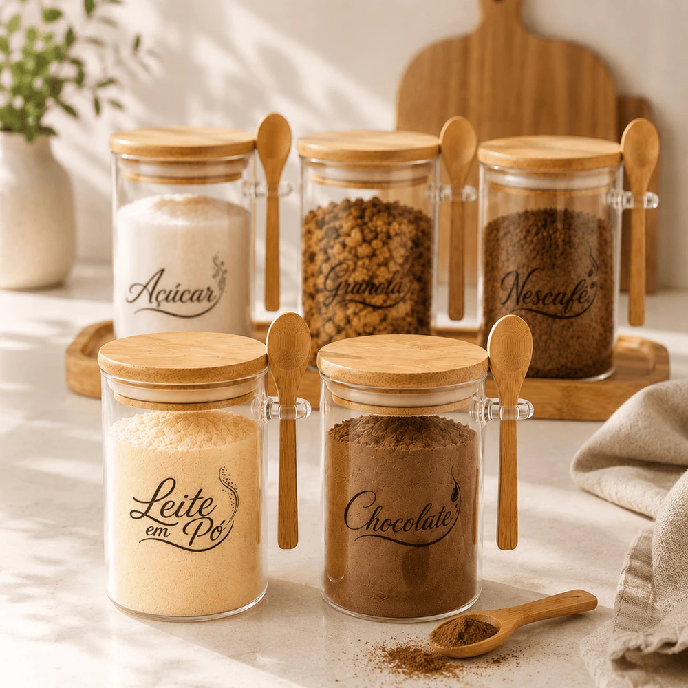 KITS POTES HERMETICO TAMPA COLHER BAMBU VIDRO 450ML PERSONALIZADO | LEITE EM PÓ, CHOCOLATE, AÇUCAR