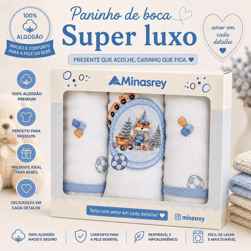 Kit Fralda de Boca Luxo 100% Algodão 3 Peças Bordada Presente Bebê Recém Nascido Enxoval Maternidade