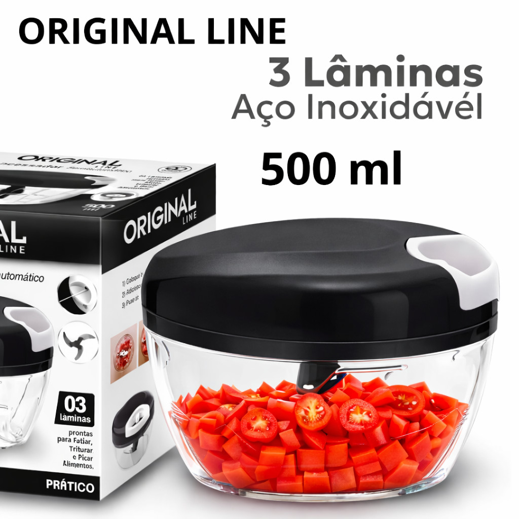 Mini Processador Manual 500ml Picador Alho Cebola – 3 Lâminas Inox – Triturador Legumes Temperos Sem Luz Original Line