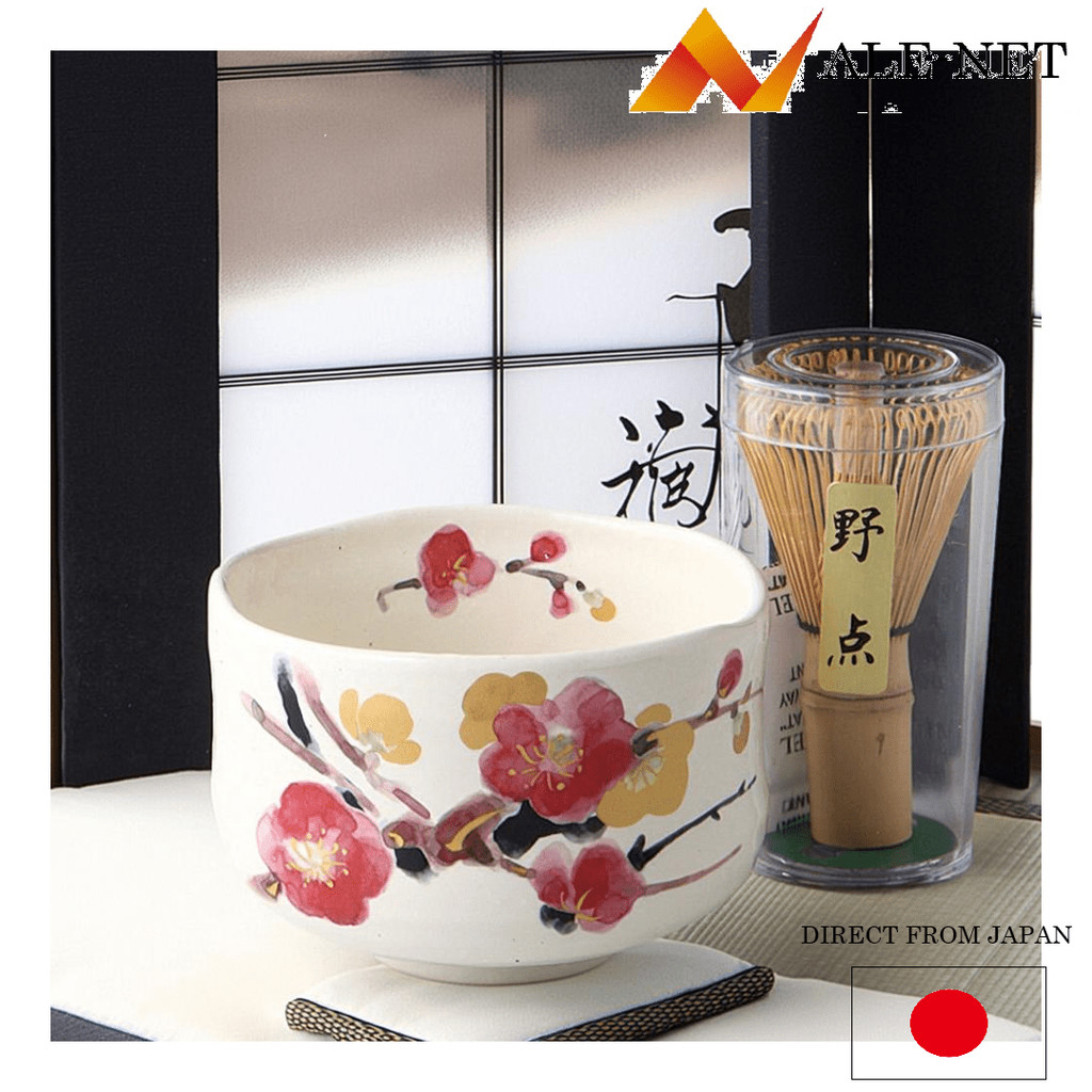 ALE-NET Matcha bowl Manyo Flowers Plum Small Matcha bowl mini-sized tea whisk set Ceramic Mino ware Made in Japan 【Direto do Japão】