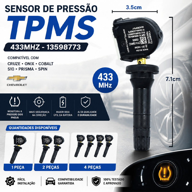 1/2/4PCS Sensor Pressão Tpms Pneu Cruze Onix Cobalt S10 Prisma Spin  Chevrolet 13598773 433MHz