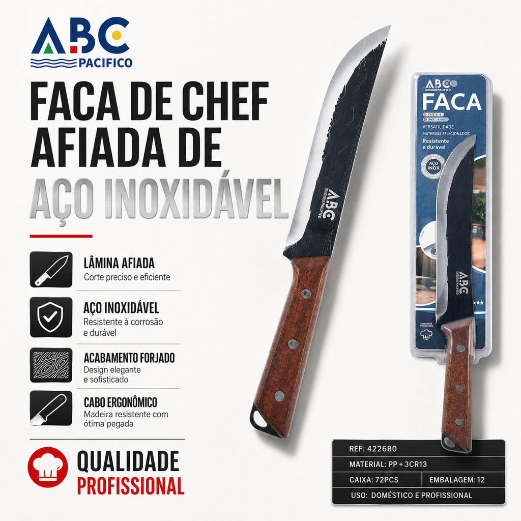 Kit 3 Facas ABC Cabo Inclinado Madeira Artesanal Aço Inox Churrasco Cozinha Profissional