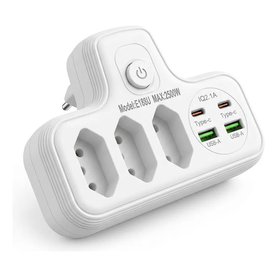 Adaptador Conector De Extensão Portátil 3 Universal Plug Carregador Rápido 2 Usb 2 Tipe-C - SMILE