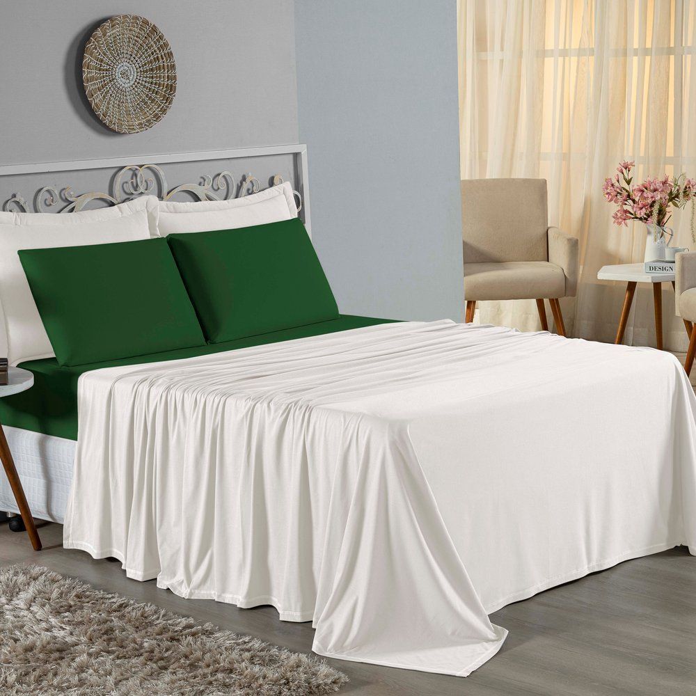 Jogo de Cama Solteiro Nobre 3 Peças Lençol com Elástico de 30cm de Altura Malha 100% Algodão - Palha / Verde-Bandeira