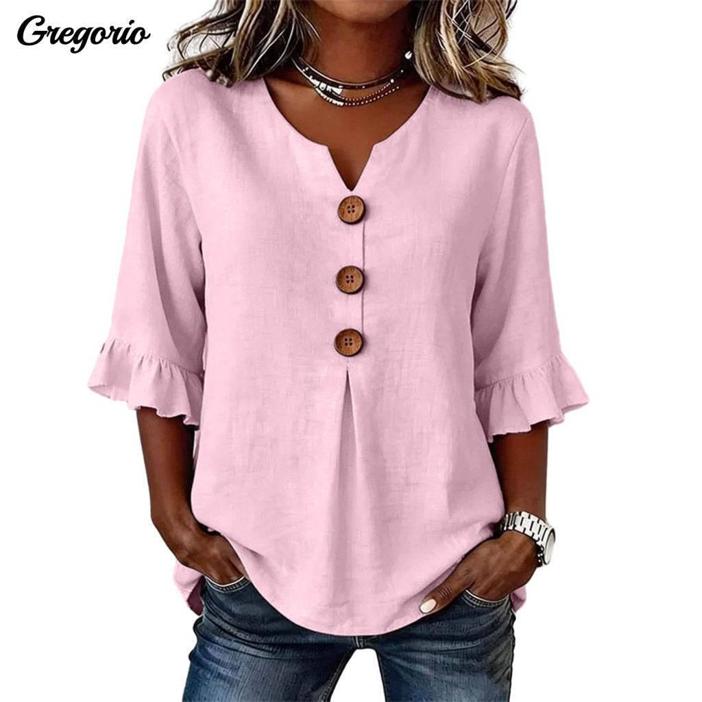 Women Shirt Stand-up Collar Blouse Women’s Summer V-neck Button Decor Half Sleeve with Ruffle Cuffs Loose Fit Pullover
