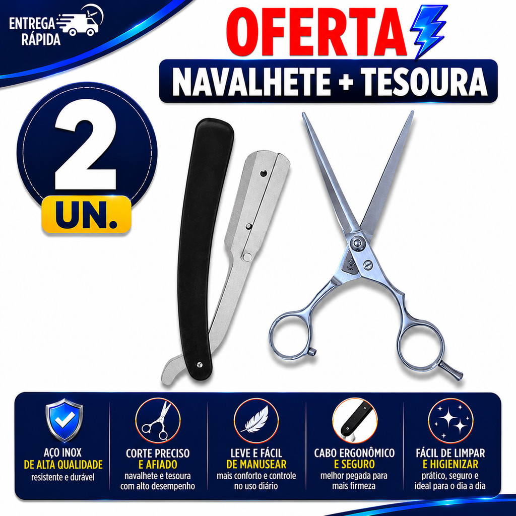 NAVALHETE PROFISSIONAL COM TESOURA 6'' BARBEIRO INOX CORTE PRECISO USO PROFISSIONAL