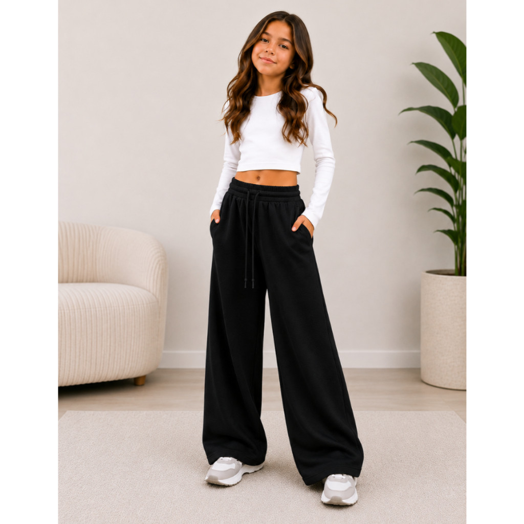 Calça Moletom Infantil Feminina Flanelada Com Bolso Wide Leg Moda Inverno Casual Peluciada