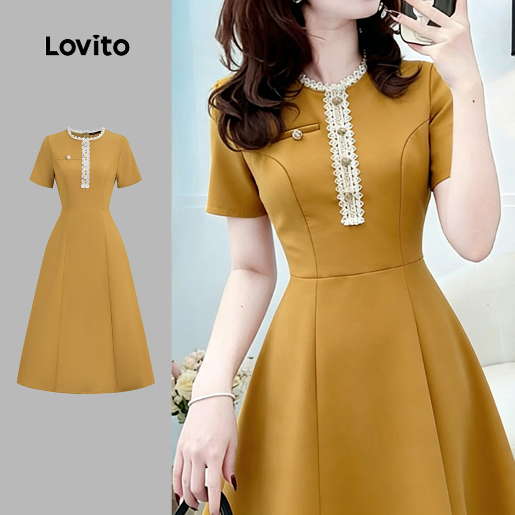 Lovito Vestido Feminino Amarelo Primavera/verão de Costura em Tecido com Botões 