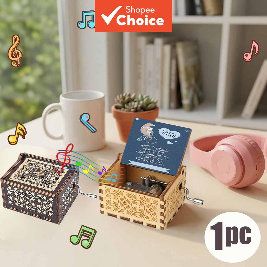 1 peça caixa de música de madeira vintage de manivela à mão com rato de desenho animado fofo em cadeira de rodas com