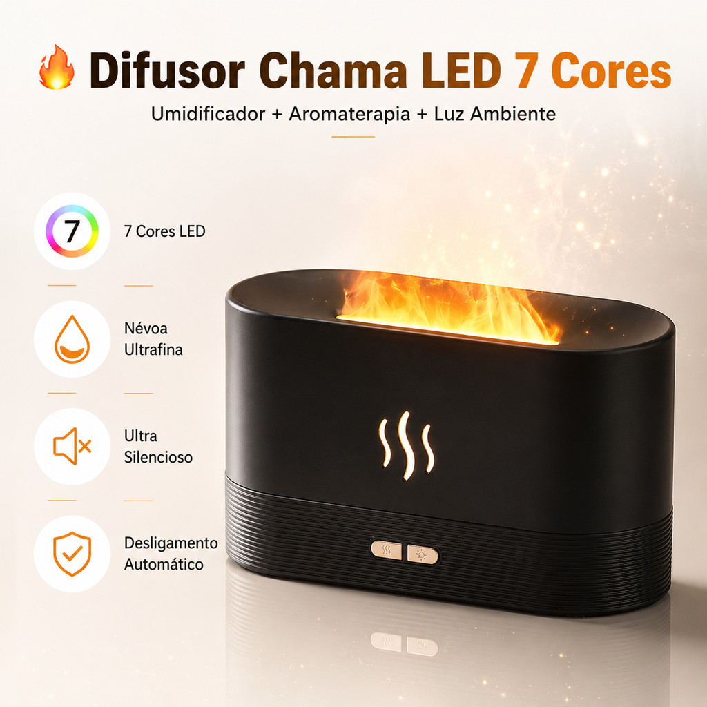 Difusor Umidificador Chama LED 7 Cores Aromaterapia USB Ultra Silencioso 180ml
