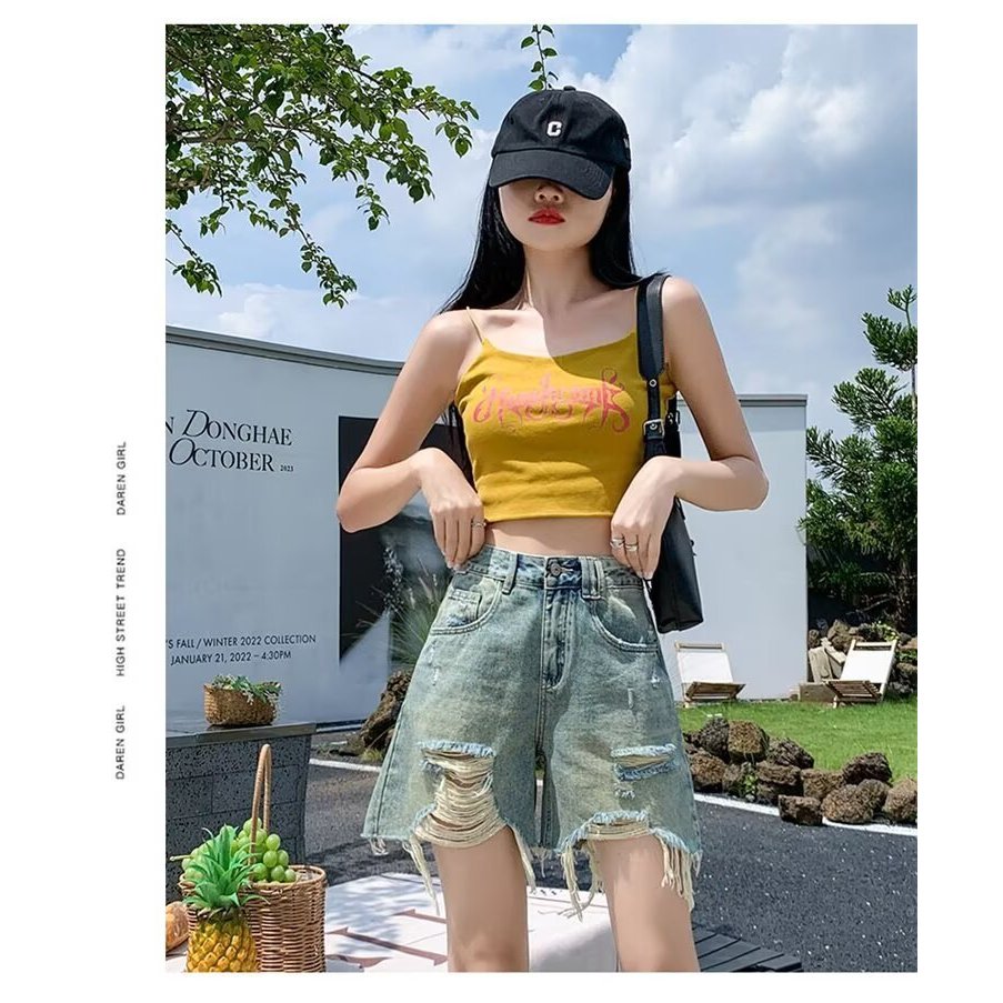 Hot Girl Hot Pants Super Shorts Jeans Rasgado Desfiado Estilo Fino Cinco Pontos Denim Calças Médias Mulheres Verão Cintu