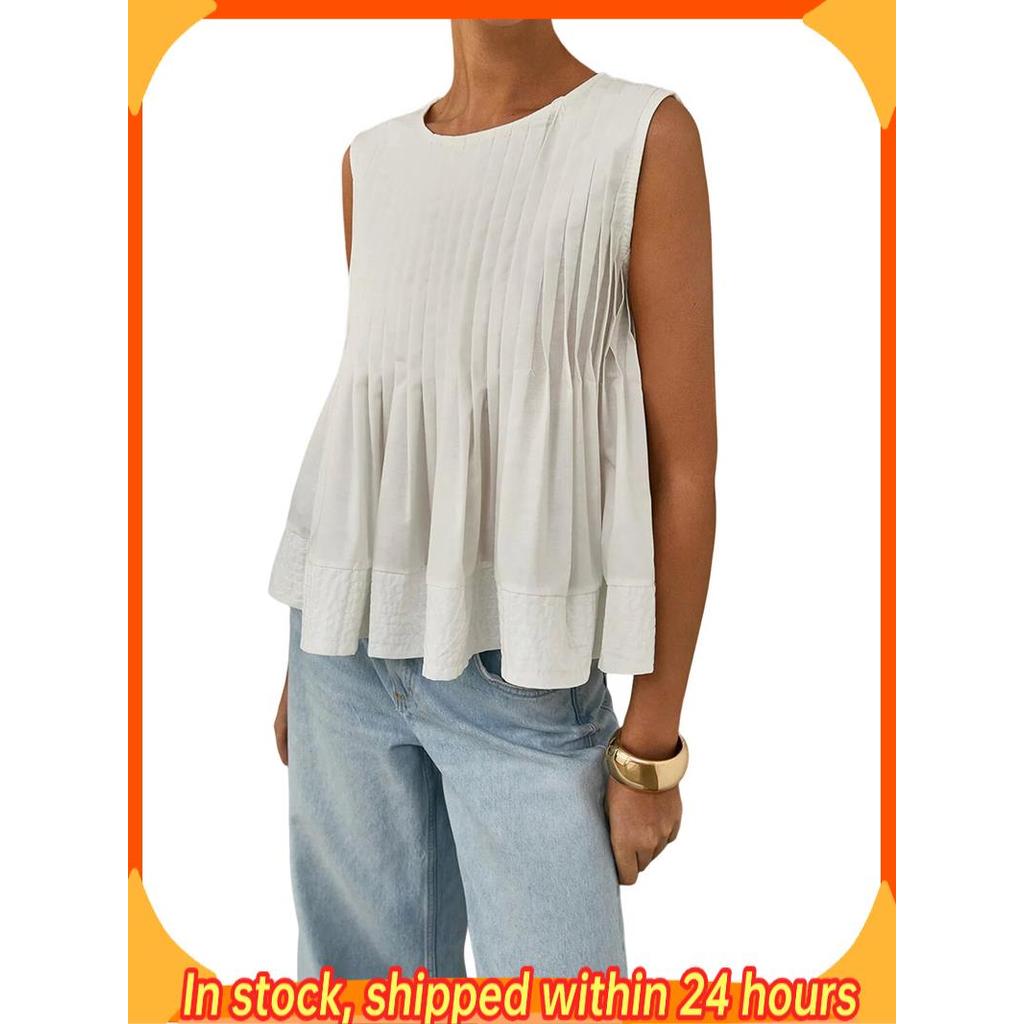 [hobbes1] Blusa Feminina De Verão Plissada Peplum Sem Mangas Regata Gola Redonda Babydoll Y2K