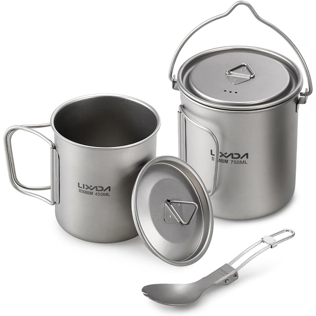 Conjunto de utensílios de cozinha para camping Lixada em titânio com colher-talher dobrável, panela de titânio de 750ml 