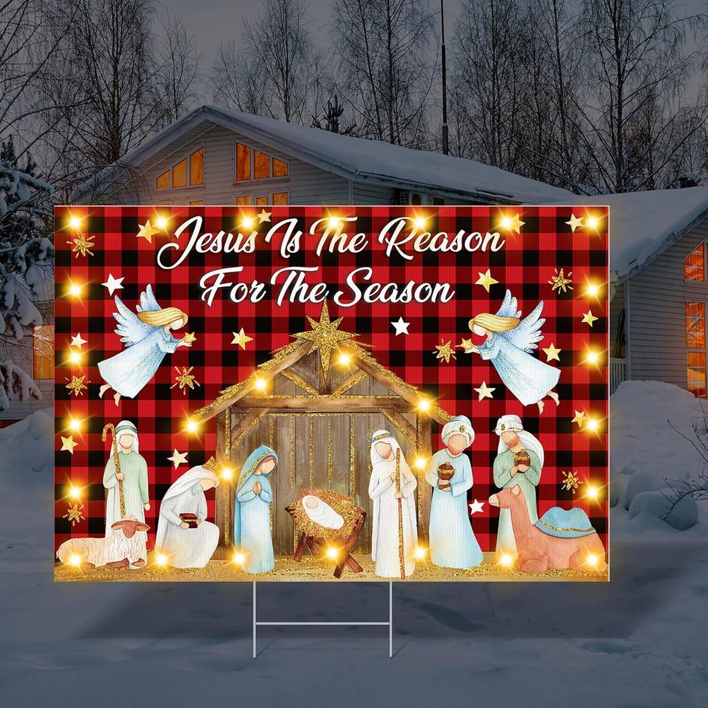 16 x 24 Inch Lighted Jesus is The Reason for The Season Sign Outdoor Nativity Scene Jesus Christmas Decorations Yard Sig
