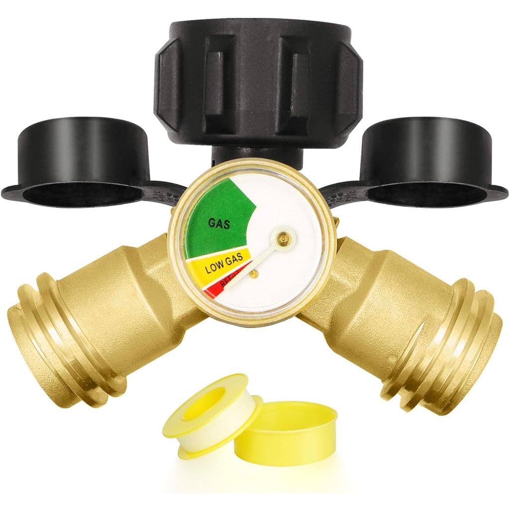Divisor de Gás Propano com Manômetro, Divisor de Propano de 2 Vias para Tanques de 5-40lb, Adaptador Divisor em Y para F