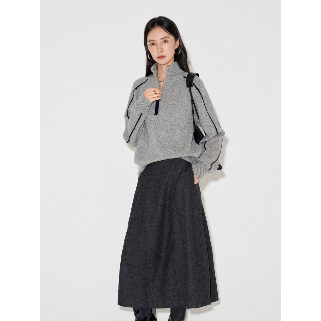 CLMX estilo cinza cintura traseira Volume elástico sentir uma bainha saia rígida e elegante mistura de lã sarja saia de 