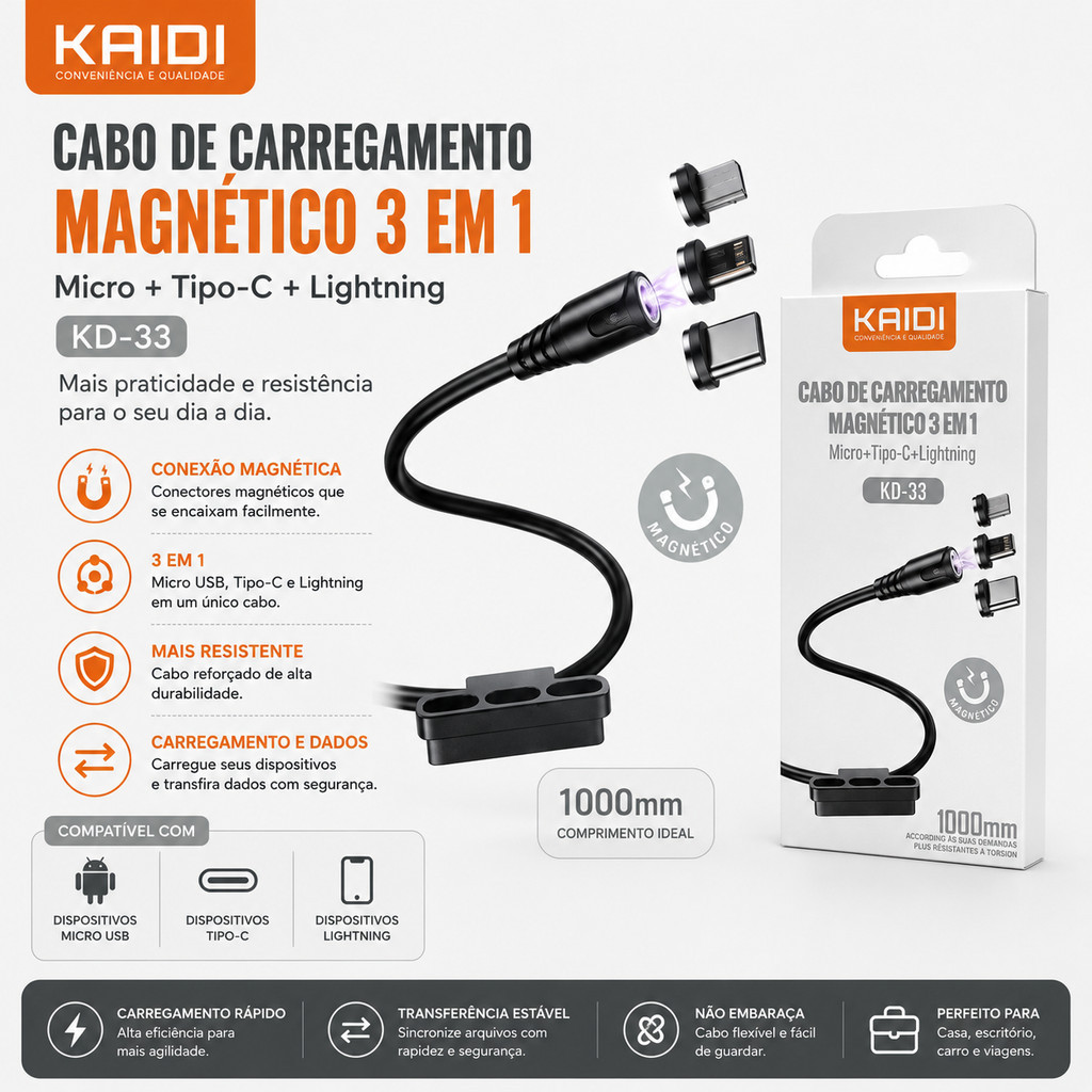 Cabo de Carregamento Magnético 3 em 1 KAIDI KD-33 – Micro USB / Tipo-C / Lightning, 3A, 1 Metro