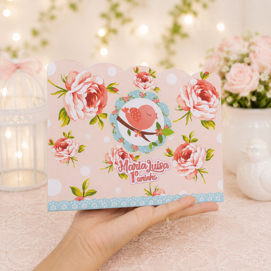 Kit Sacolinha Jardim Encantado Passarinho Floral Personalizada Pegue-Monte Lembrancinha Festa Infantil Aniversário