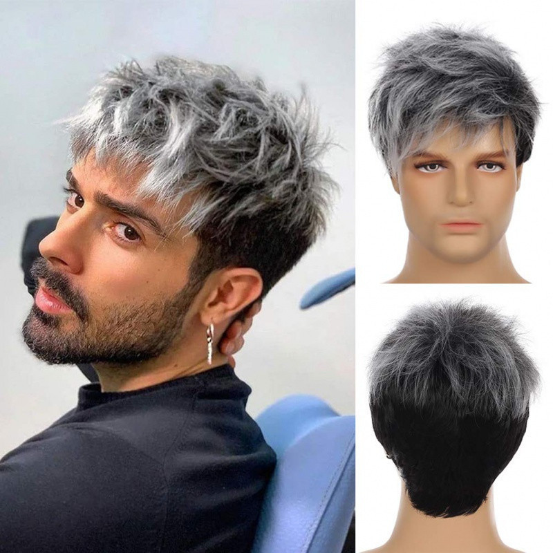 peruca cabelo humano grisalho Peruca Cinza Masculina Curta Camada Mista Preta Natural Sintética De Halloween Cosplay Per