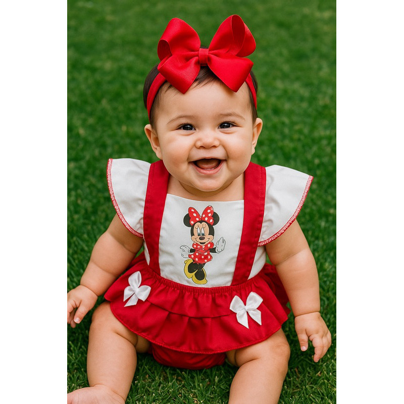 Jardineira Body Romper Conjunto Saia Macacão Minnie Vermelha Roupa Bebê Menina Infantil salopete Mesversário Minie minei