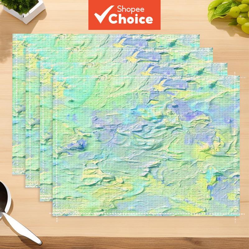 Conjunto de 4 jogos americanos de arte impressionista abstrata em tons pastel, verde suave, azul, amarelo, textura de