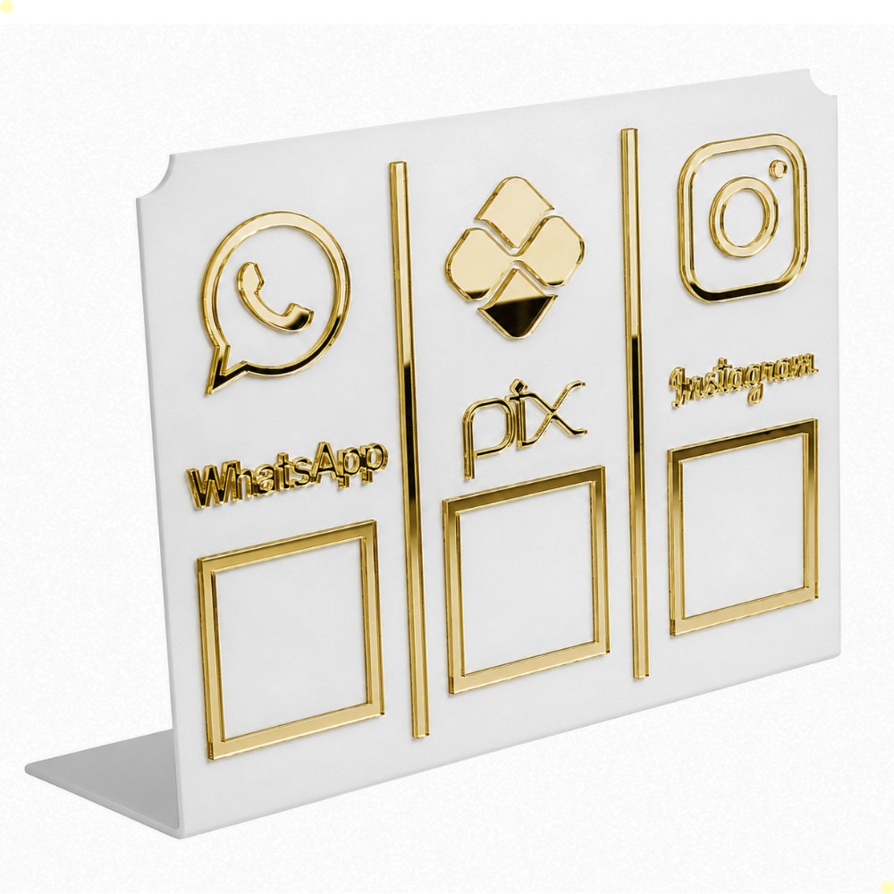 Placa Pix Tripla Balcão Loja Pix Instagram Whats Qr Code Display em Acrílico Espelhado - 19,5x24,8cm
