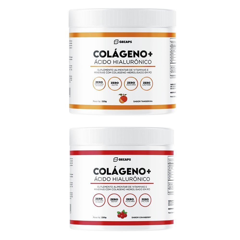 Kit 2 Colágeno + Ácido Hialurônico Tangerina - Cranberry 220g - Zero Açúcar Sem Lactose